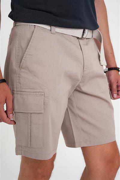 Comfort Fit Beli Kemerli Kargo Cep Pamuk Casual Bej Şort Bermuda 039 