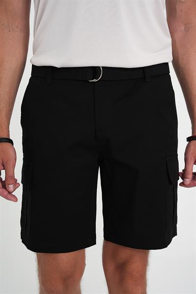 Comfort Fit Beli Kemerli Kargo Cep Pamuk Casual Siyah Şort Bermuda 039 