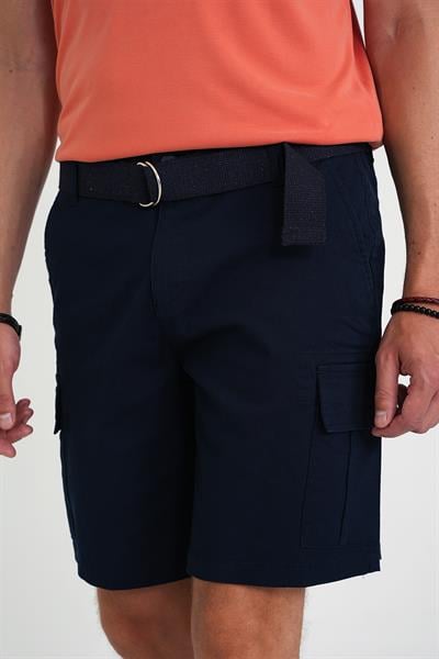 Comfort Fit Beli Kemerli Kargo Cep Pamuk Casual Lacivert Şort Bermuda 039 