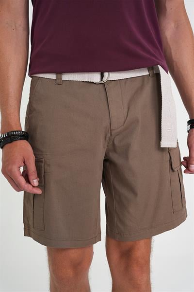 Comfort Fit Beli Kemerli Kargo Cep Pamuk Casual Toprak Şort Bermuda 039 