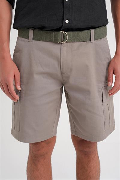 Comfort Fit Beli Kemerli Kargo Cep Pamuk Casual Haki Şort Bermuda 039 