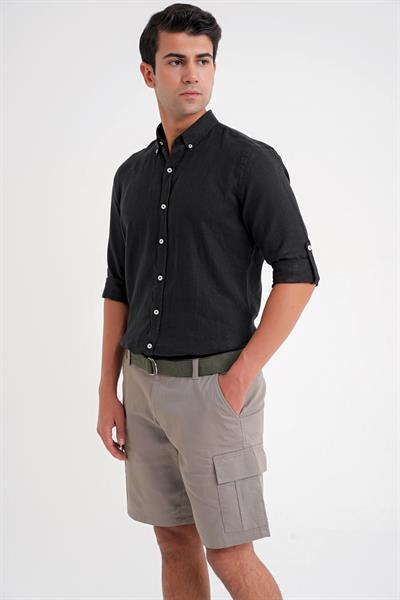 Comfort Fit Beli Kemerli Kargo Cep Pamuk Casual Haki Şort Bermuda 039 
