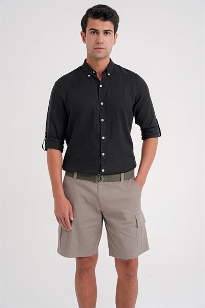 Comfort Fit Beli Kemerli Kargo Cep Pamuk Casual Haki Şort Bermuda 039 