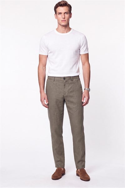 Comfort Fit Beli Lastikli %100 Keten Haki Pantolon P 1215