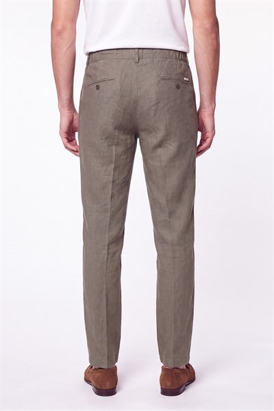 Comfort Fit Beli Lastikli %100 Keten Haki Pantolon P 1215