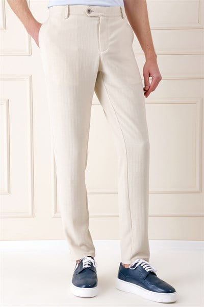 Comfort Fit Beli Lastikli Balıksırtı Dokuma Pamuklu Bej Pantolon P 1155