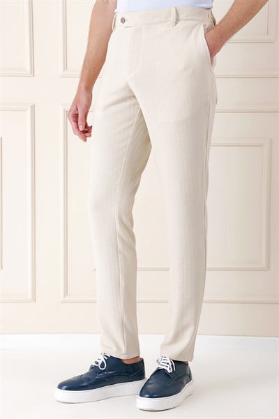 Comfort Fit Beli Lastikli Balıksırtı Dokuma Pamuklu Bej Pantolon P 1155