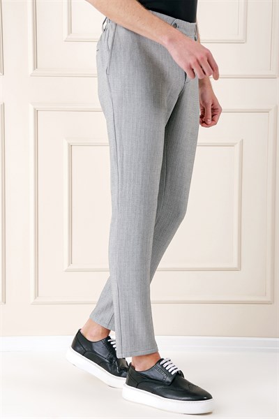 Comfort Fit Beli Lastikli Balıksırtı Dokuma Pamuklu Gri Pantolon P 1155