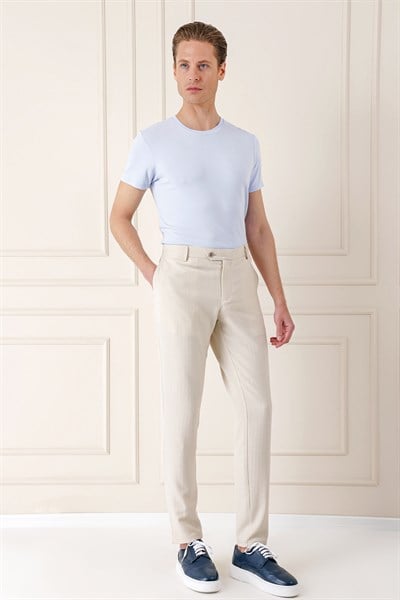 Comfort Fit Beli Lastikli Balıksırtı Dokuma Pamuklu Bej Pantolon P 1155