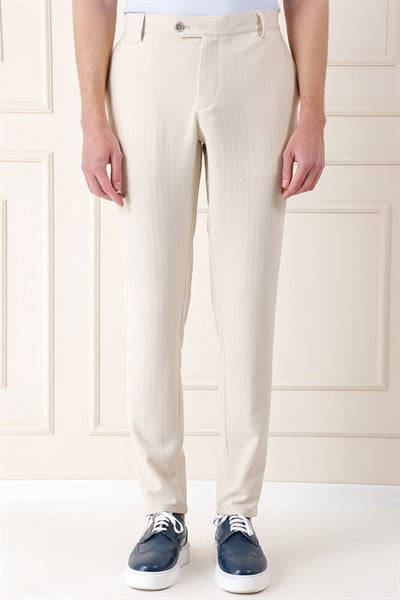 Comfort Fit Beli Lastikli Balıksırtı Dokuma Pamuklu Bej Pantolon P 1155