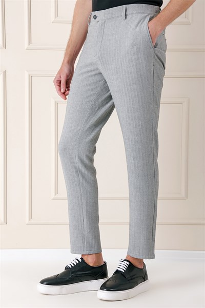 Comfort Fit Beli Lastikli Balıksırtı Dokuma Pamuklu Gri Pantolon P 1155