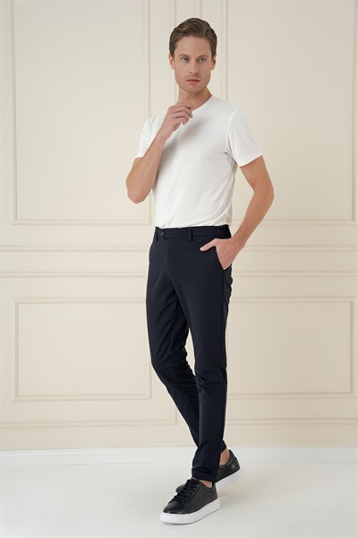 Comfort Fit Beli Lastikli Esnek Pamuk Lacivert Pantolon P 1173