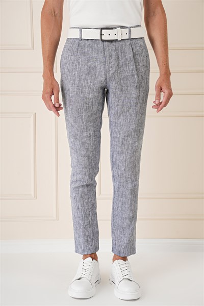 Comfort Fit Beli Lastikli Pileli %100 Keten Lacivert Pantolon P 1145