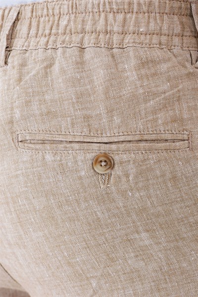 Comfort Fit Beli Lastikli Pileli %100 Keten Casual Bej Pantolon P 1145
