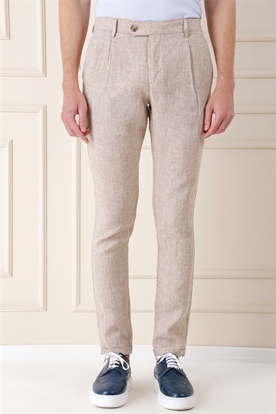 Comfort Fit Beli Lastikli Pileli %100 Keten Casual Bej Pantolon P 1145