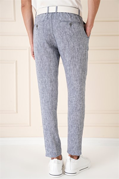 Comfort Fit Beli Lastikli Pileli %100 Keten Lacivert Pantolon P 1145