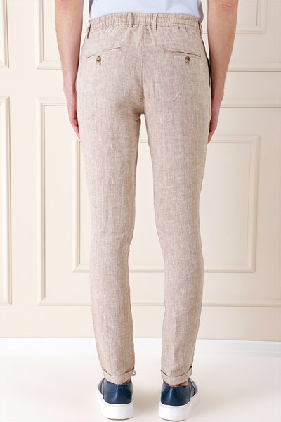 Comfort Fit Beli Lastikli Pileli %100 Keten Casual Bej Pantolon P 1145