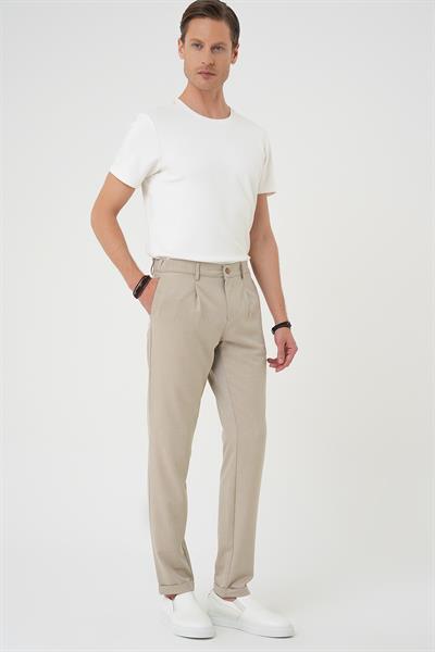 Comfort Fit Beli Lastikli Pileli Bej Jogger Pantolon  P 1182