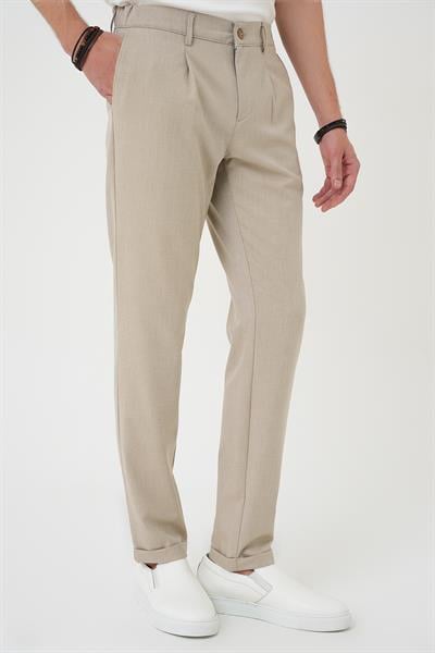 Comfort Fit Beli Lastikli Pileli Bej Jogger Pantolon  P 1182