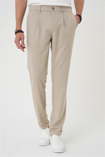 Comfort Fit Beli Lastikli Pileli Bej Jogger Pantolon  P 1182