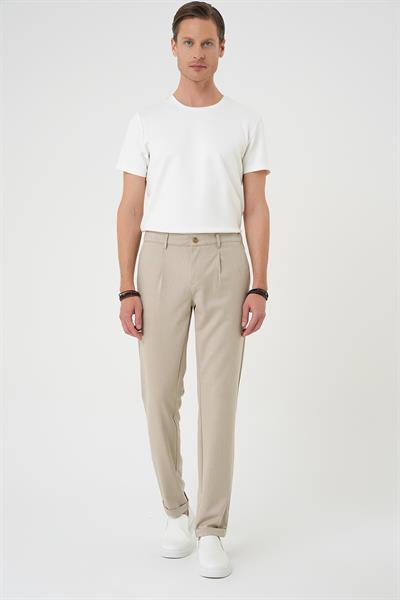 Comfort Fit Beli Lastikli Pileli Bej Jogger Pantolon  P 1182