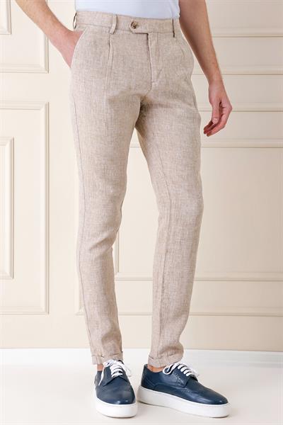 Comfort Fit Beli Lastikli Pileli Keten Casual Bej Pantolon P 1145
