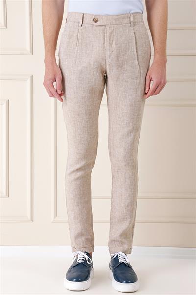 Comfort Fit Beli Lastikli Pileli Keten Casual Bej Pantolon P 1145