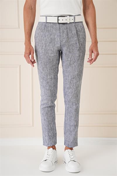 Comfort Fit Beli Lastikli Pileli Keten Casual Lacivert Pantolon P 1145