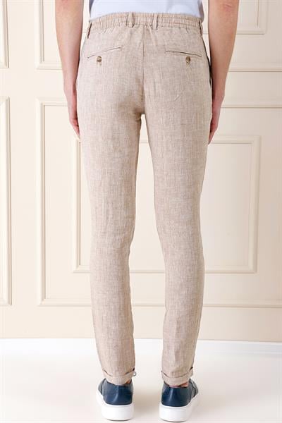 Comfort Fit Beli Lastikli Pileli Keten Casual Bej Pantolon P 1145