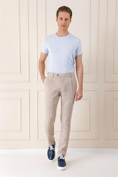 Comfort Fit Beli Lastikli Pileli Keten Casual Bej Pantolon P 1145