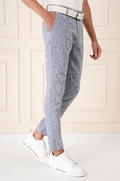 Comfort Fit Beli Lastikli Pileli Keten Casual Lacivert Pantolon P 1145