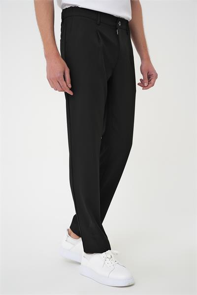 Comfort Fit Beli Lastikli Pileli Siyah Jogger Pantolon  P 1182