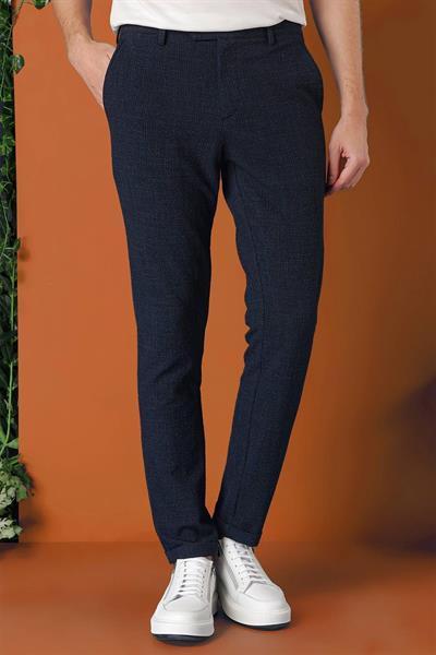 Comfort Fit Beli Lastikli Pötikareli Casual Lacivert Pantolon P 1149