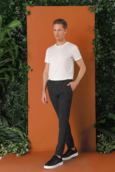 Comfort Fit Beli Lastikli Pötikareli Casual Siyah Pantolon P 1149