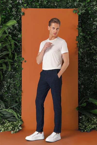 Comfort Fit Beli Lastikli Pötikareli Casual Lacivert Pantolon P 1149