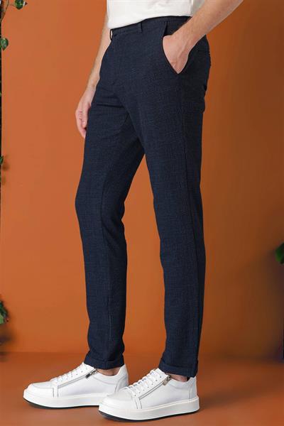 Comfort Fit Beli Lastikli Pötikareli Casual Lacivert Pantolon P 1149