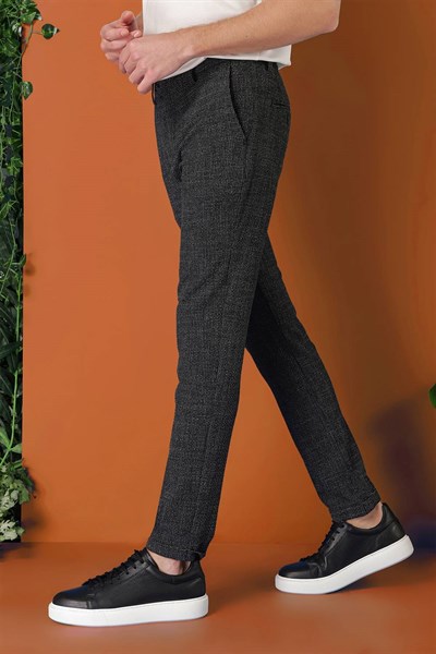 Comfort Fit Beli Lastikli Pötikareli Casual Siyah Pantolon P 1149