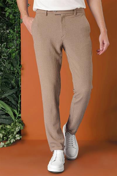 Comfort Fit Beli Lastikli Pötikareli Casual Bej Pantolon P 1149