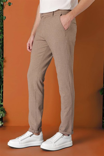 Comfort Fit Beli Lastikli Pötikareli Casual Bej Pantolon P 1149