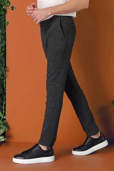Comfort Fit Beli Lastikli Pötikareli Casual Siyah Pantolon P 1149