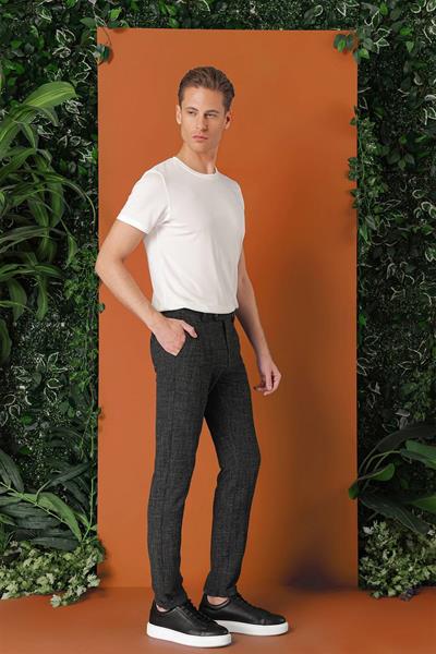 Comfort Fit Beli Lastikli Pötikareli Casual Siyah Pantolon P 1149