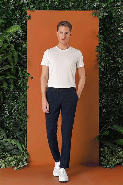 Comfort Fit Beli Lastikli Pötikareli Casual Lacivert Pantolon P 1149