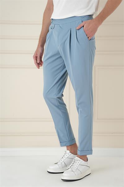 Comfort Fit Beli Tokalı Çift Pileli Havacı Mavi Jogger Pantolon P 1172