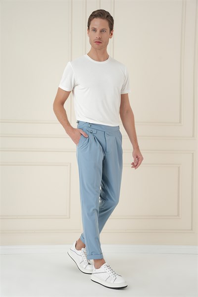 Comfort Fit Beli Tokalı Çift Pileli Havacı Mavi Jogger Pantolon P 1172