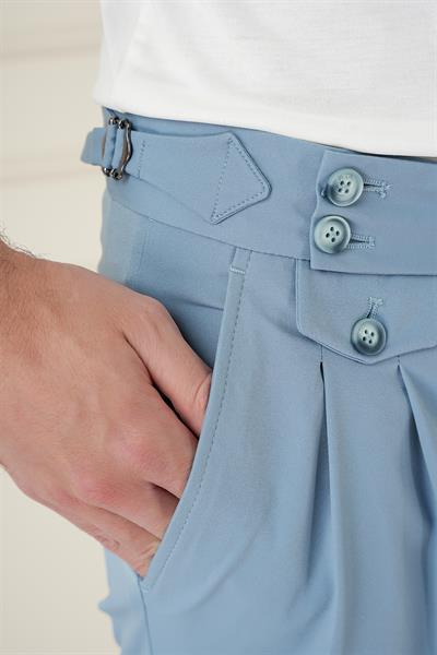 Comfort Fit Beli Tokalı Çift Pileli Havacı Mavi Jogger Pantolon P 1172