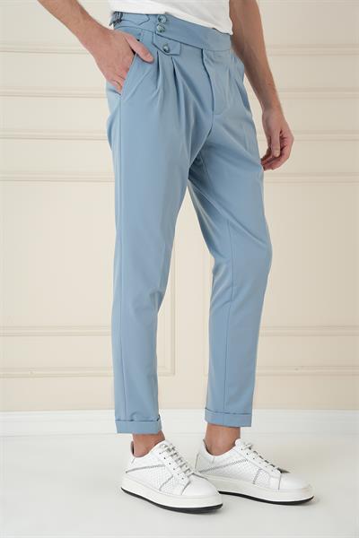 Comfort Fit Beli Tokalı Çift Pileli Havacı Mavi Jogger Pantolon P 1172