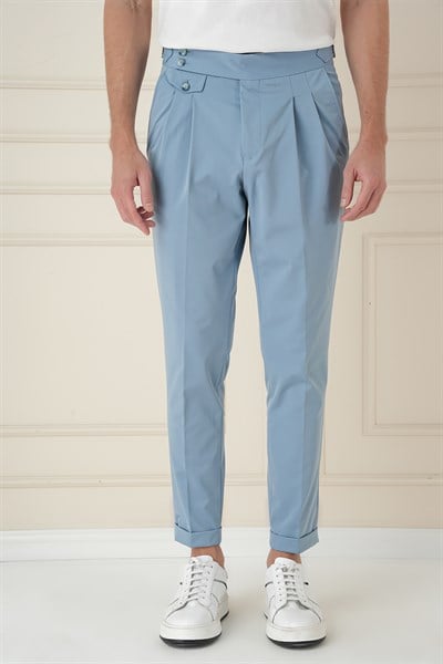 Comfort Fit Beli Tokalı Çift Pileli Havacı Mavi Jogger Pantolon P 1172
