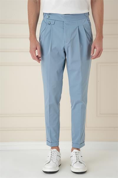 Comfort Fit Beli Tokalı Çift Pileli Havacı Mavi Jogger Pantolon P 1172