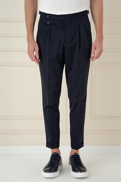 Comfort Fit Beli Tokalı Çift Pileli Lacivert Jogger Pantolon P 1172