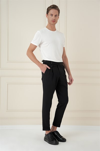 Comfort Fit Beli Tokalı Çift Pileli Siyah Jogger Pantolon P 1172